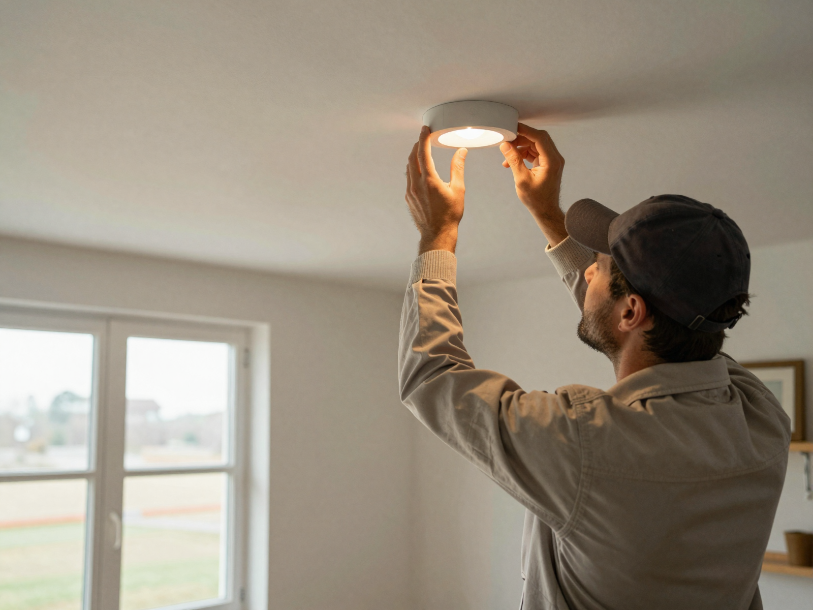 Electrician installing LED lighting fixture in residential home